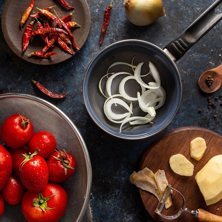 A shot of the pan as the onion garlic ginger and tomato puree are simmering