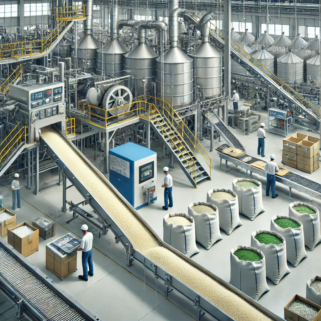 A photo of rice packaging or processing at a modern milling facility. 