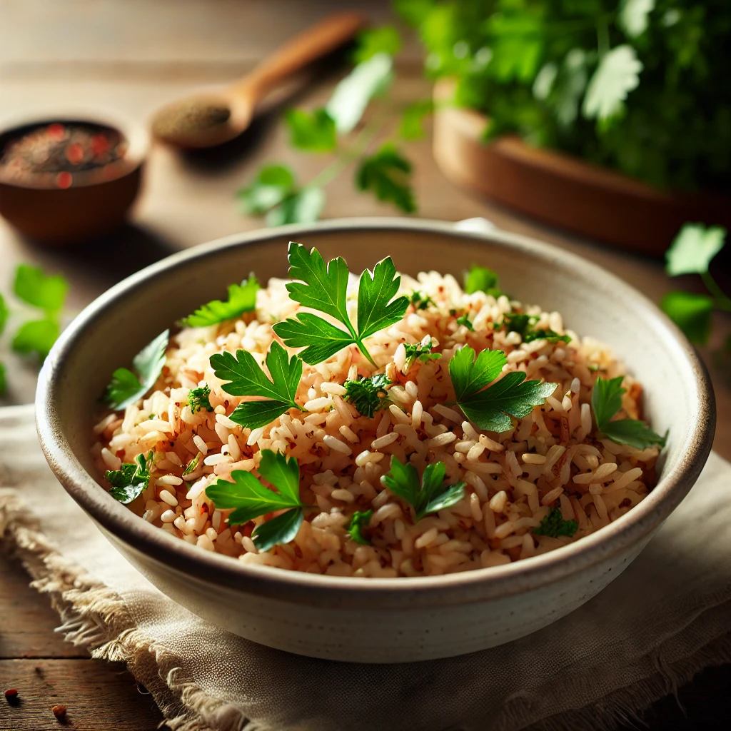 A bowl of cooked brown rice in pakistan garnished with herbs