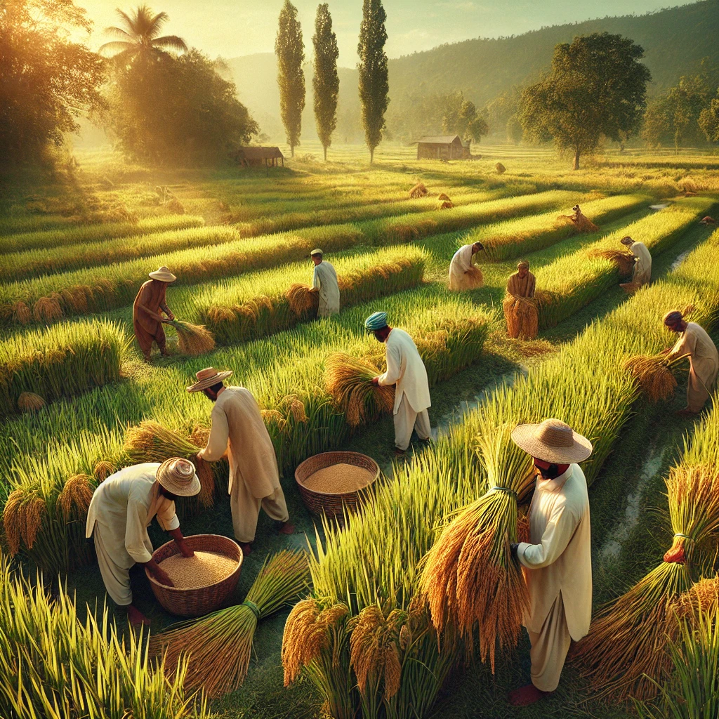 Farmers harvesting rice in a lush green paddy field in Punjab, Pakistan.