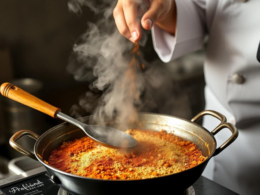 A chef tempering spices in a traditional karahi with steam rising, capturing the process of authentic Pakistani cooking.