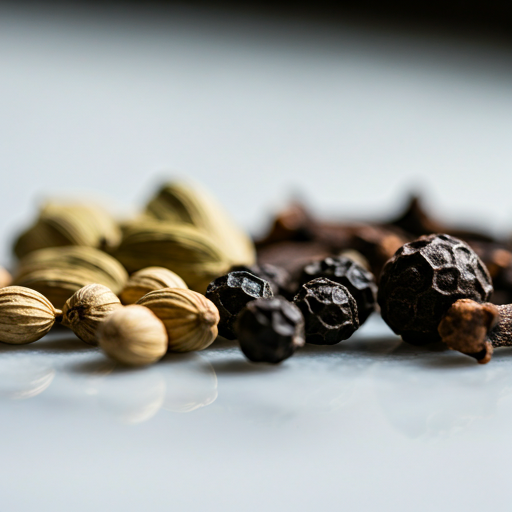 A close-up of individual spices like cardamom, cloves, and black pepper arranged beautifully on a marble countertop.