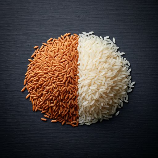 A comparison shot of uncooked brown rice and white rice grains.
