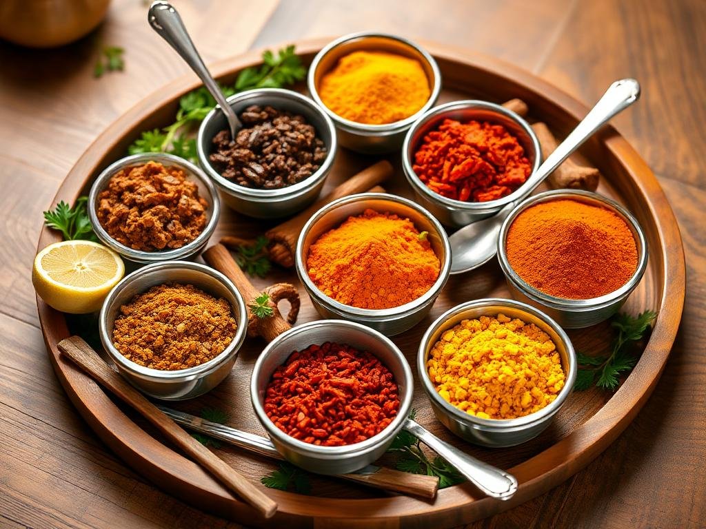 A professional photograph of a vibrant spread featuring Pakistani spices in small bowls arranged artfully on a wooden tray with traditional utensils.