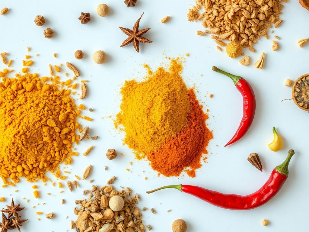 A top-down view of an assortment of Pakistani spices like cumin, turmeric, and red chili, laid out in an aesthetic arrangement.