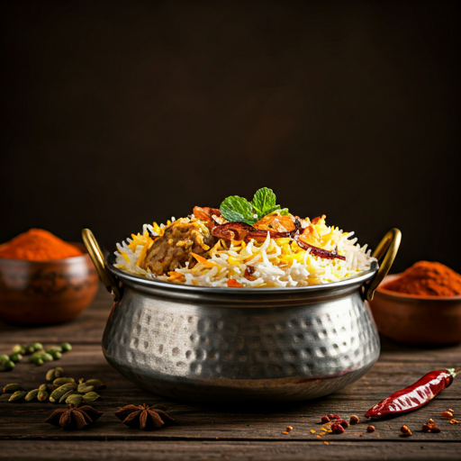 A traditional Pakistani dish (e.g., biryani or curry) being prepared with visible spices in the frame.