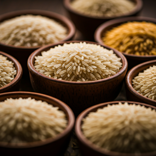 Bowls of different rice varieties (Basmati, non-Basmati) in an appealing arrangement.