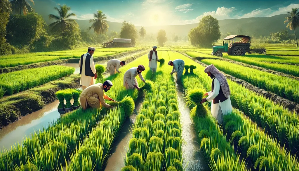 A real-life shot of farmers working in a rice field showcasing the lush green hybrid rice plants.