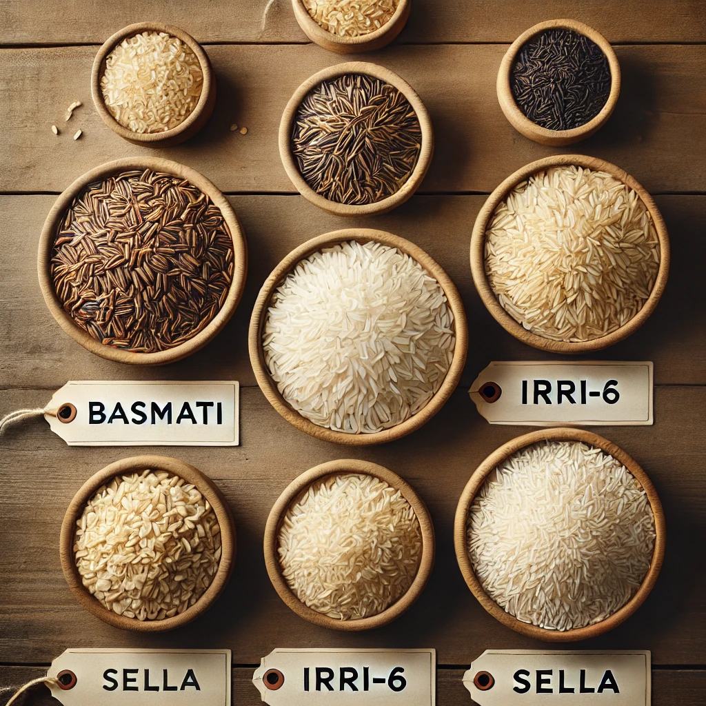 A flat lay of various rice grains (basmati, IRRI-6, Sella) in bowls, labeled for comparison.