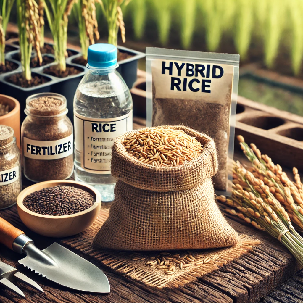 A close-up of hybrid rice seeds, fertilizers, and basic farming equipment.