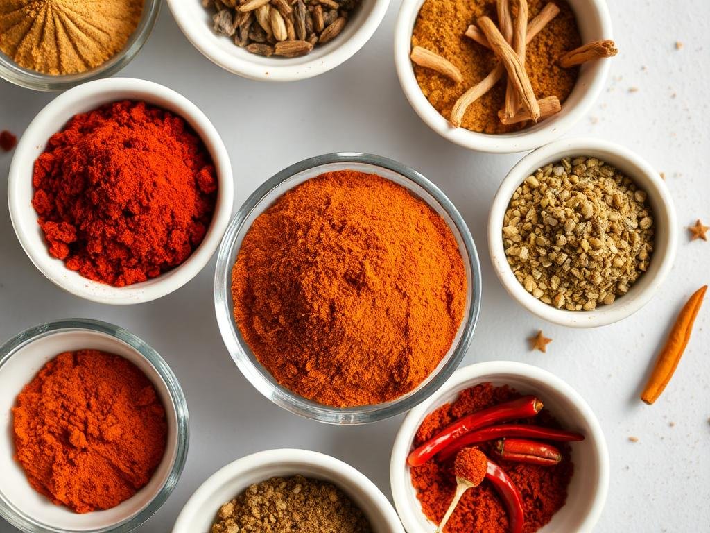A beautifully arranged selection of Pakistani spices like garam masala, cumin, and red chili powder in bowls.