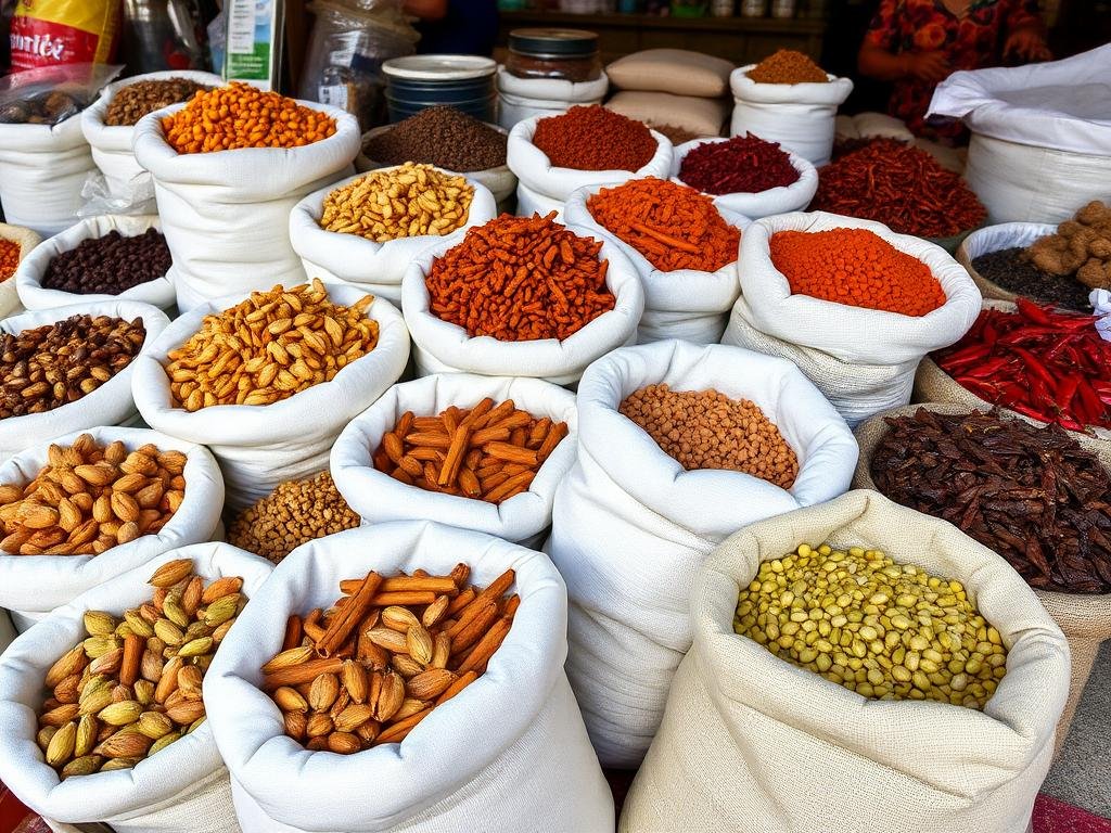 A bustling local market stall filled with bags of whole spices like cardamom, cinnamon sticks, and dried red chilies.
