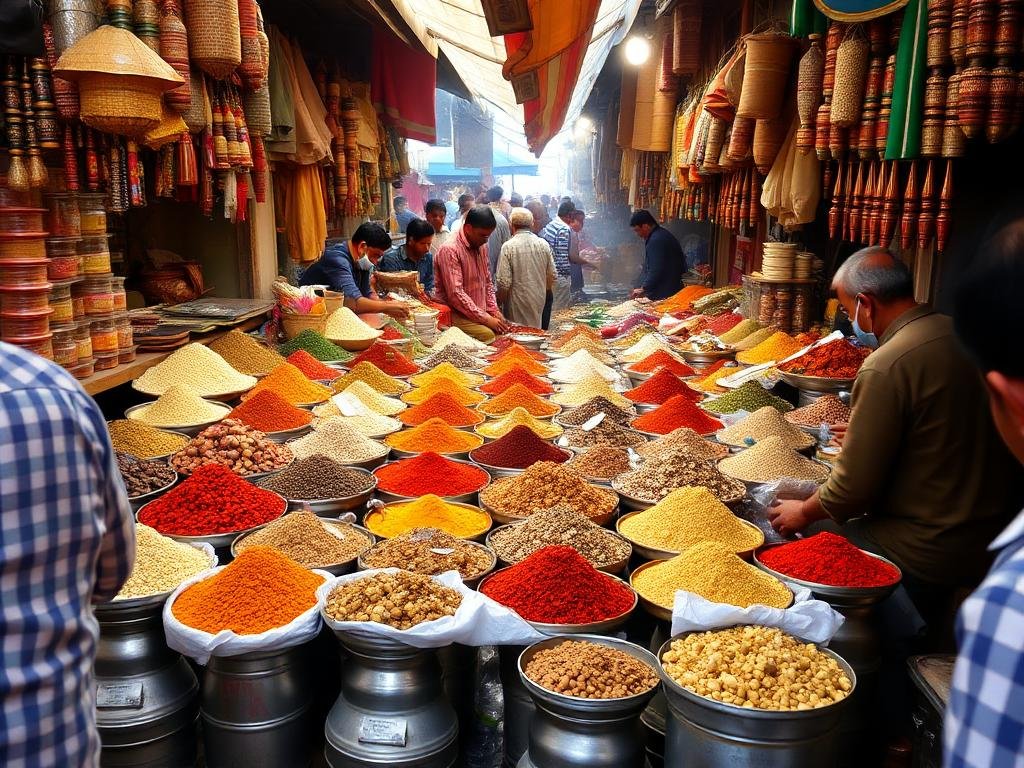 A bustling market in India with sellers offering various spices, including Pakistani spices.