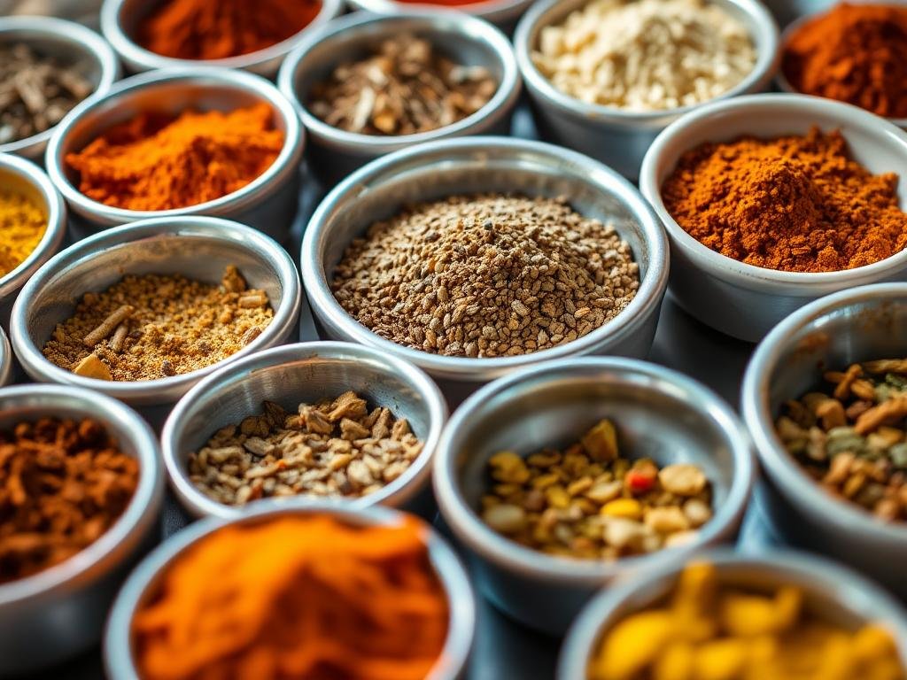 A close-up of a colorful spice platter featuring various Pakistani spices in small bowls.