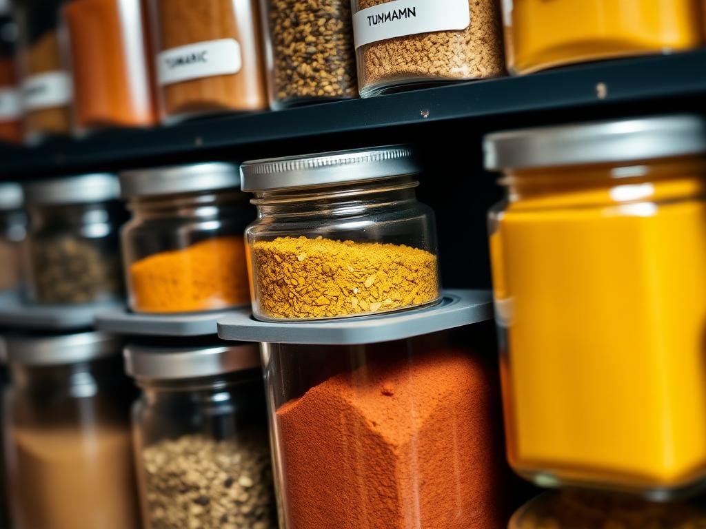 A close-up of a spice rack filled with jars of ground spices like turmeric, cumin, and red chili.
