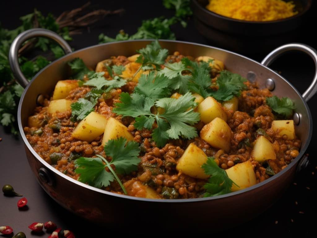 A close-up shot of the Aloo Keema simmering in a pot, showcasing its rich textures and spices.