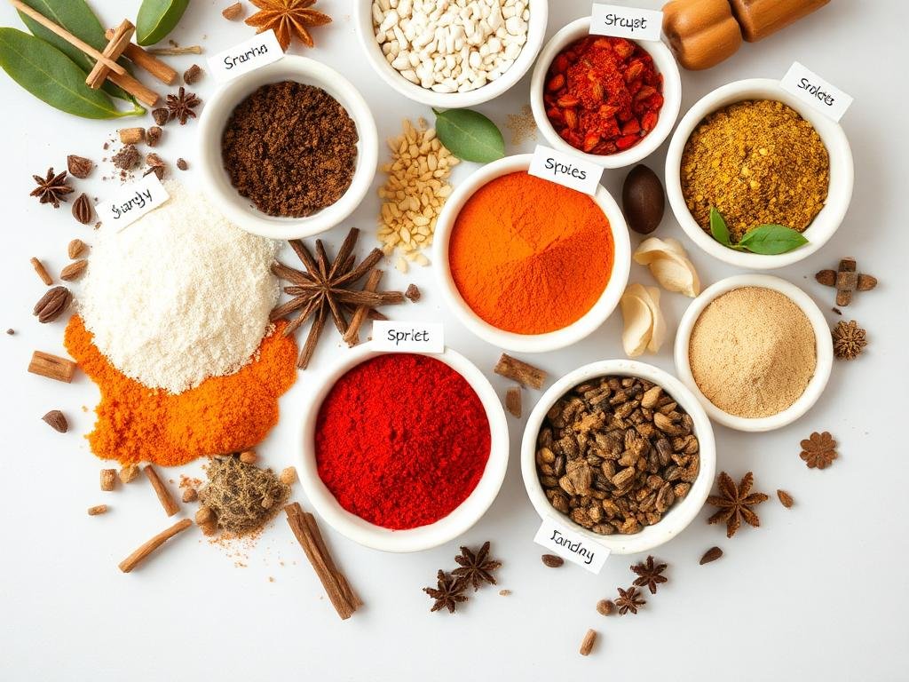 A flat lay of spices in small bowls with labels, showing their vibrant colors and textures.