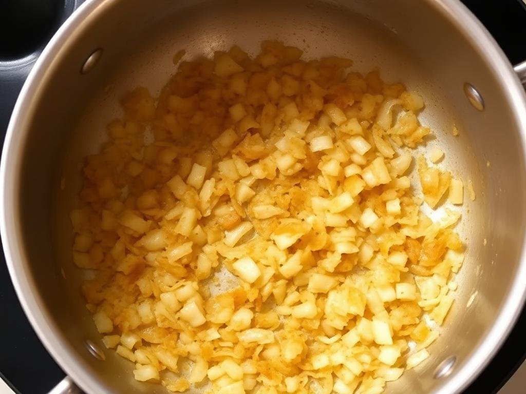 A pan showing golden-brown onions sautéed as the base for the curry.