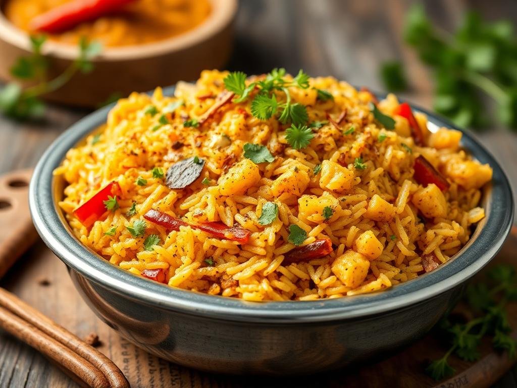 A shot of a traditional Pakistani dish, like Biryani, garnished with fresh herbs and spices.