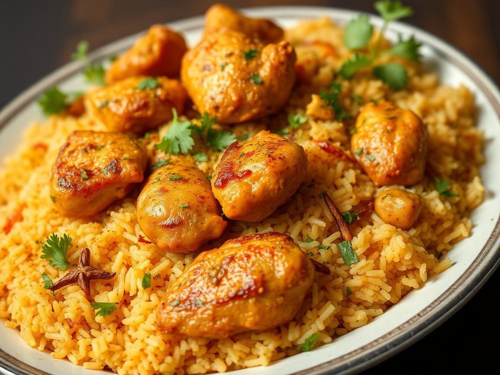 A traditional Pakistani dish like chicken biryani, beautifully garnished with spices and herbs.