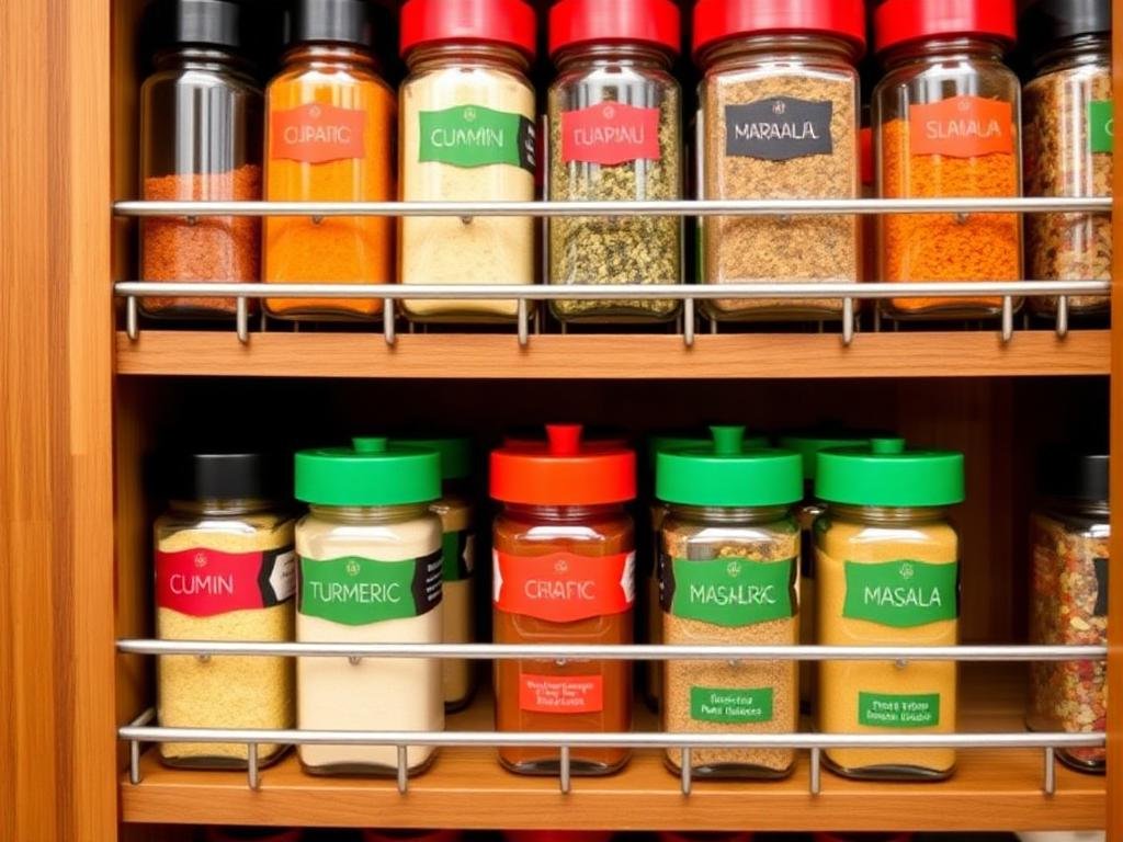 A well-organized spice rack featuring vibrant spice jars labeled with names like "Cumin," "Turmeric," and "Garam Masala."