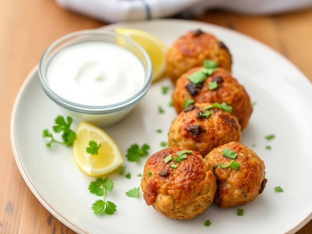 Chicken Kofta served on a plate with fresh herbs, alongside a small bowl of yogurt and lemon wedges.