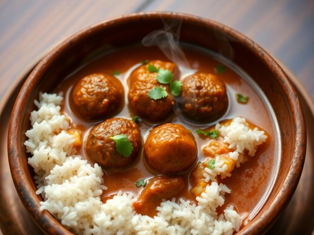 Kofta Curry served in a traditional clay bowl with steam rising, accompanied by basmati rice.