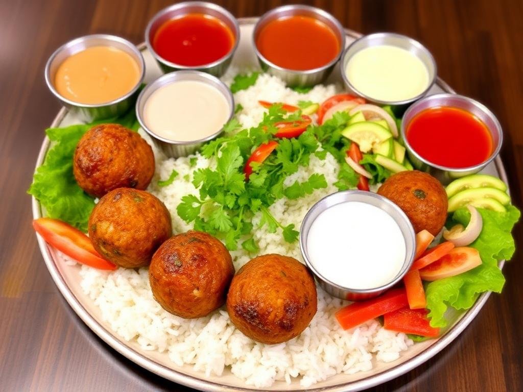 Koftas arranged on a platter with rice, salad, and dipping sauces