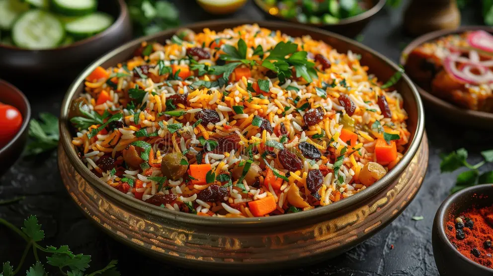 A vibrant Pakistani dish like biryani or curry garnished with fresh herbs, showcasing the use of spices.