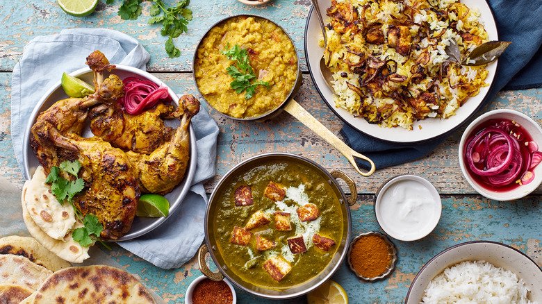 Indian cuisine dinner: tandoori chicken, biryani